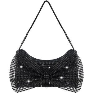 🆕Women Black Rhinestone Evening Clutch Purse, Sparkly Bowknot Small Handbag